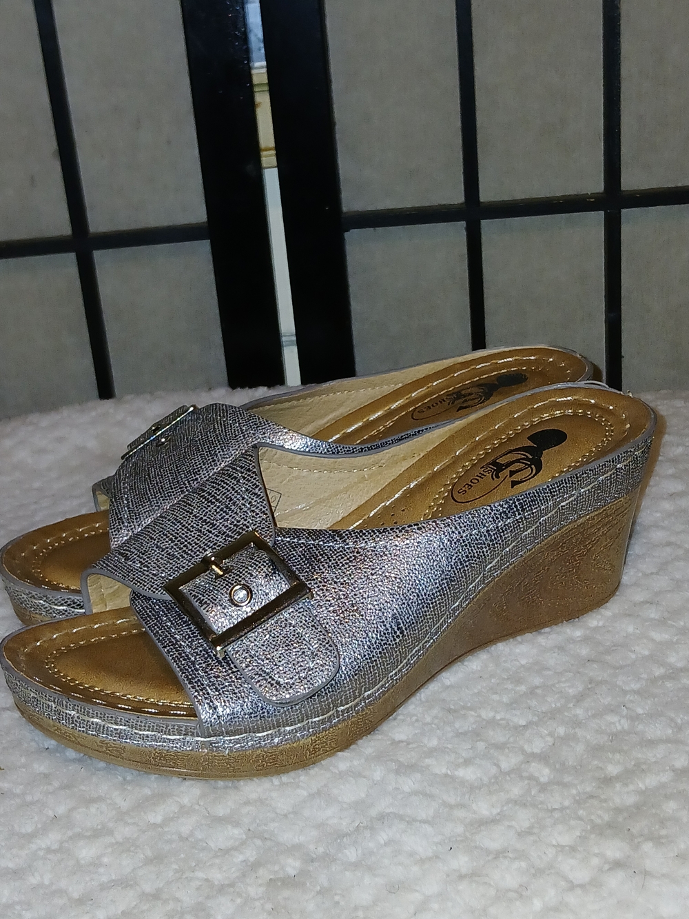 Women's Metallic Wedge Slide Sandals with Buckle